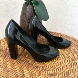 DKNY Black Patent Leather Block Heel Peep-Toe Heels